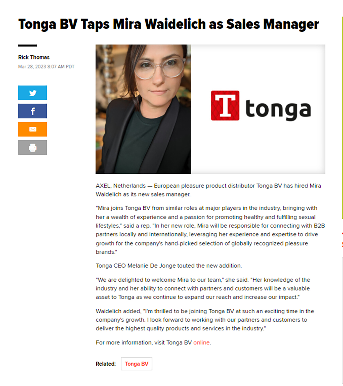 2023-03 Xbiz - Tonga BV taps Mira Waidelich as Sales Manager